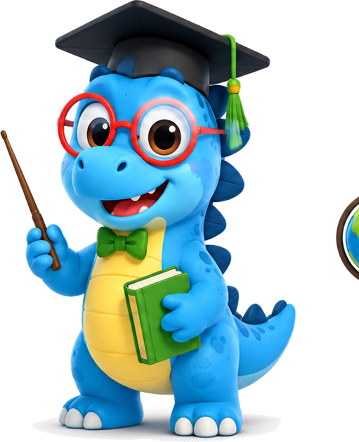 Sage, the blue dinosaur with glasses and a book