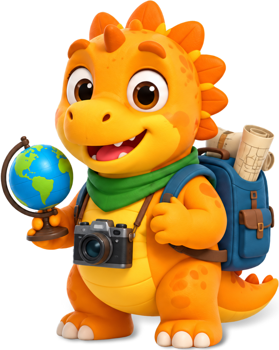 Scout, the orange dinosaur with a backpack and camera